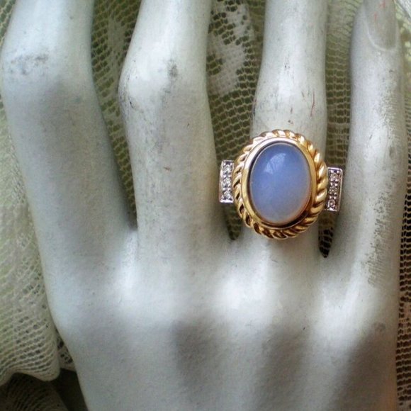 Designer Laura Ramsey 14K Yellow Gold Blue Chalcedony Diamond Cocktail Ring 12 g - Picture 3 of 12